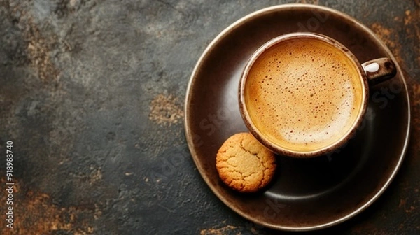 Fototapeta Top view of an espresso with a cookie, space for text or logos