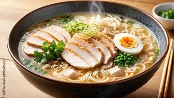 Obraz Japanese miso ramen noodle soup with chicken and green peas