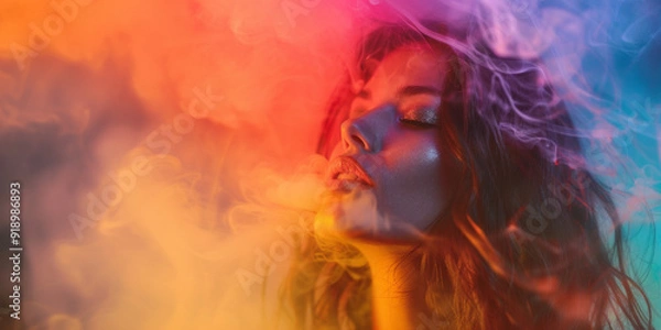 Fototapeta Beautiful woman surrounded by multicolored smoke, bright colors, multicolored fog, close-up, smoke effects, aromatherapy or hookah concept