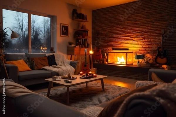 Fototapeta Cozy Living Room with Fireplace