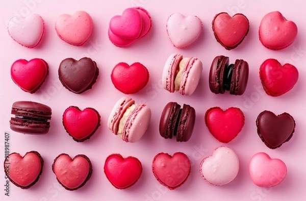 Obraz A flat lay of heart-shaped macarons in various shades AI Image
