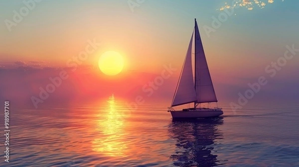 Fototapeta A sailboat drifting on a calm ocean, silhouetted by the setting sun, with the sky and sea merging in a gradient of warm colors.