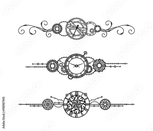 Fototapeta Black decorative elements with vintage watch, clock-face, gears, dragonfly, cogwheels, curls and chains isolated on a white background. Mechanism. Steampunk. Vector set for greeting card, label, print