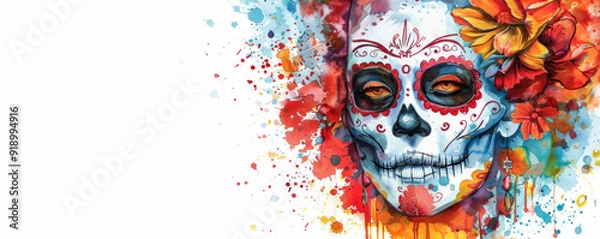 Fototapeta Vibrant Day of the Dead or Dia de los Muertos portrait featuring a woman's face with intricate sugar skull makeup, surrounded by colorful splashes and floral elements.