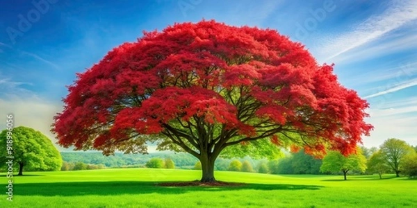 Fototapeta Vibrant red tree filled with fresh green leaves in the springtime , spring, foliage, nature, outdoors, vibrant, red, tree