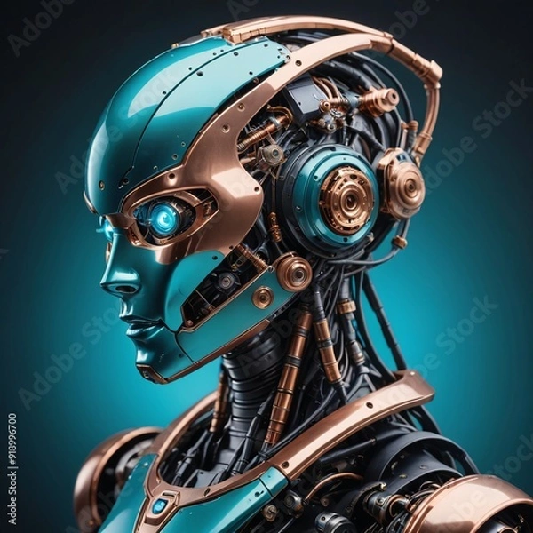 Fototapeta Futuristic Humanoid Robot with Teal Helmet and Exposed Copper Components