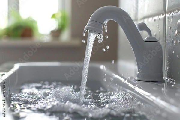 Fototapeta Beautiful close-up of water gracefully leaking from the pristine white sink pipe in a lovely kitchen setting.