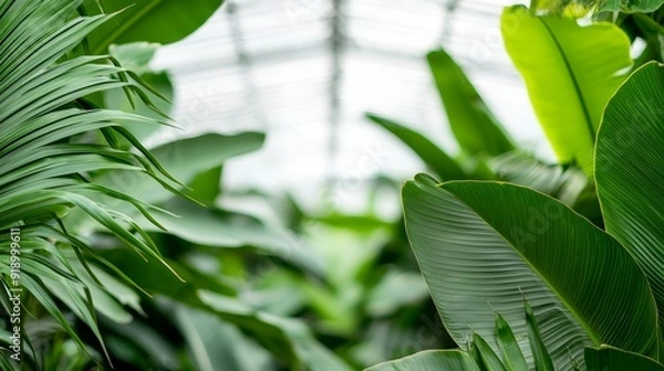 Fototapeta A tropical greenhouse with banana trees and palms, creating a lush, jungle-like atmosphere