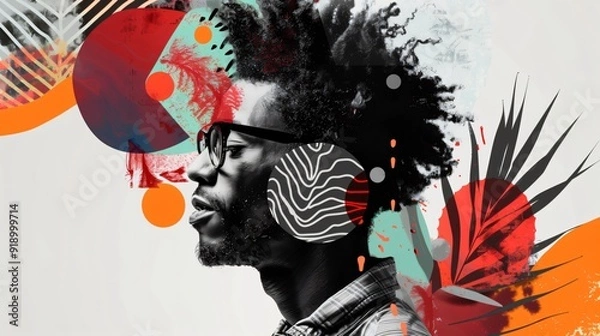 Fototapeta Modernist collage of African american young man with creative energy, surrounded by colorful graphic elements in a modern and abstract composition inspired by pop art culture