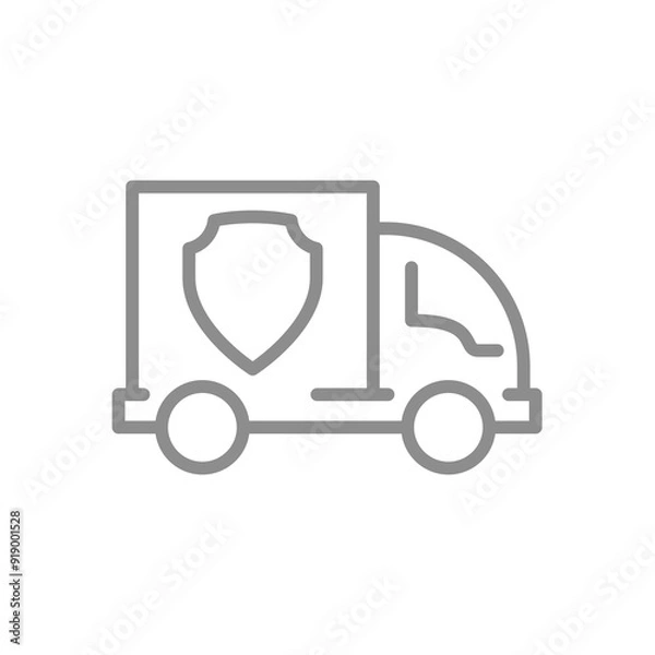 Fototapeta Delivery truck with shield line icon. Safe and secured delivery outline vector.
