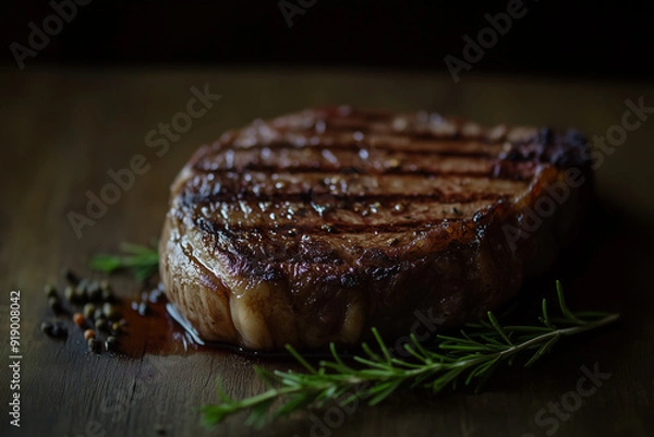 Fototapeta Close up shot steak with grilled mark on wooden cutting board.