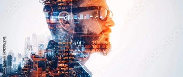 Fototapeta The image artfully blends a futuristic cityscape with digital technology elements, highlighting the seamless integration of technology and urban life