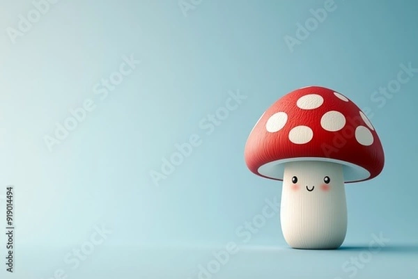 Fototapeta Smiling fly agaric mushroom with face, 3d cartoon character on blue color background. Copy space for text. Concept: animated food, cute character