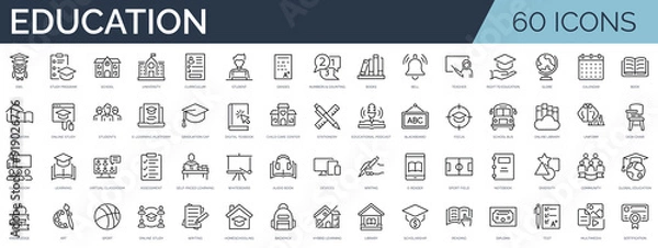Fototapeta Set of 60 outline icons related to education. Linear icon collection. Editable stroke. Vector illustration