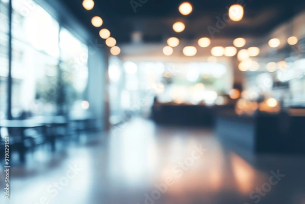 Fototapeta An abstract, soft-focused image of a modern interior with warm lighting, creating a welcoming and comfortable atmosphere, evoking calmness.