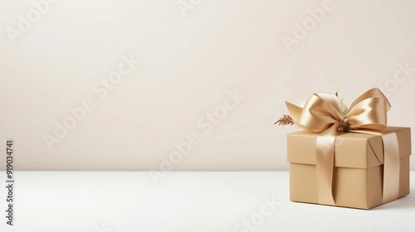 Fototapeta A neatly wrapped gift box sits with a golden ribbon, complemented by floral accents, on a smooth tabletop, inviting anticipation and joy, copy space