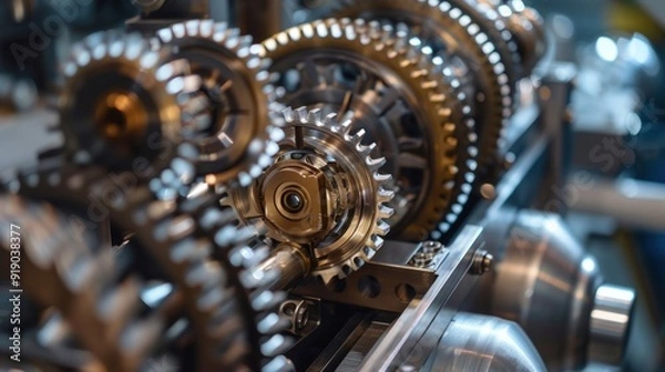 Fototapeta Close-up of Interlocking Gears in a Machine