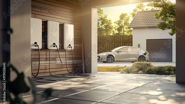 Fototapeta The concept of a home battery packs alternative electric energy storage system at modern home garage walls as backup or sustainable energy concepts. with a car parked outside.