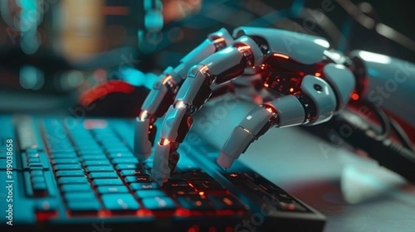 Fototapeta A robotic hand types on a keyboard, with red lights illuminating the joints.