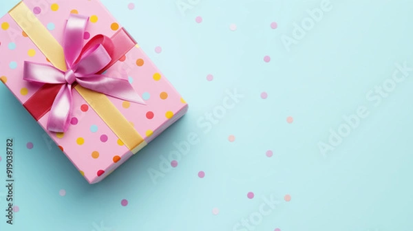 Fototapeta A colorful gift box with a bow lies on a light blue background dotted with pink and yellow circles, ready for a joyful celebration, copy space