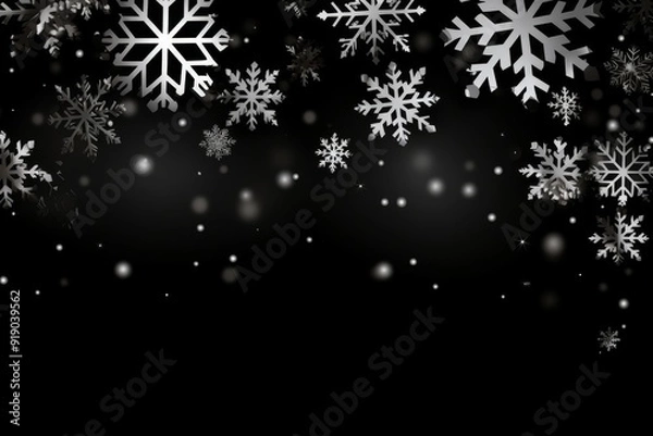 Fototapeta Falling Snowflakes, A Festive Black and White Christmas Snow Background with CopySpace