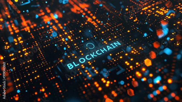 Fototapeta Concept of blockchain technology, digital interface, illuminated by array of glowing orange and blue lights, word BLOCKCHAIN is displayed in neon letters, serving as focal point