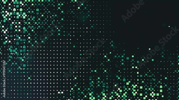 Fototapeta Abstract Green and White Pixelated Pattern on Black Background Digital Art