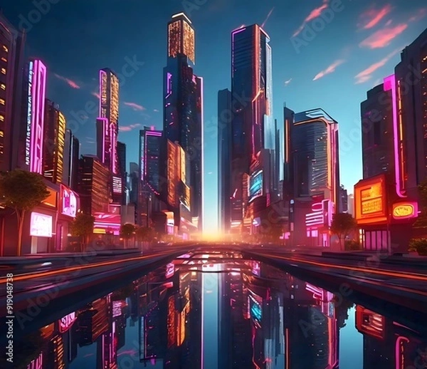 Obraz ''Neon Cityscape Reflection''A vibrant, futuristic cityscape bathed in neon lights, with towering skyscrapers reflecting off a calm, mirror-like water surface.