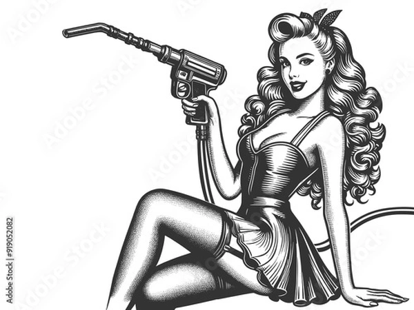 Fototapeta Pin-up woman holding gas pump nozzle, intricate details and retro charm sketch engraving generative ai fictional character raster illustration. Scratch board imitation. Black and white image.