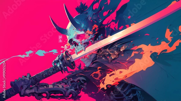 Obraz Japanese Oni Skull with Synthwave Katana Sword in Anime Style, Samurai Skeleton with Flaming Sword in Neon Cyberpunk Art Style