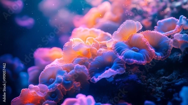 Fototapeta Close-up of Neon-Lit Coral in an Underwater Environment