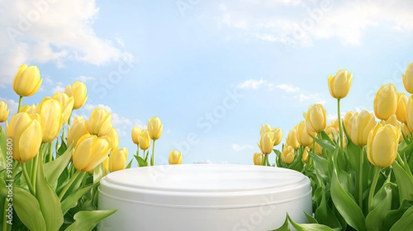 Obraz Empty white product display podium surrounded by yellow tulip flowers against blue sky with clouds 