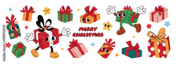 Fototapeta Christmas cartoon characters and elements. Colorful Christmas gift with funny styles. Holidays greeting for design, poster, print, background.
