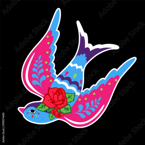 Obraz Bird with roses in traditional folk style. Flying swallow.