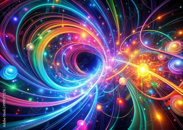 Fototapeta Vibrant, swirling patterns of neon-colored lights dance across a dark background, evoking a sense of futuristic innovation and creative possibility in this mesmerizing digital artwork.