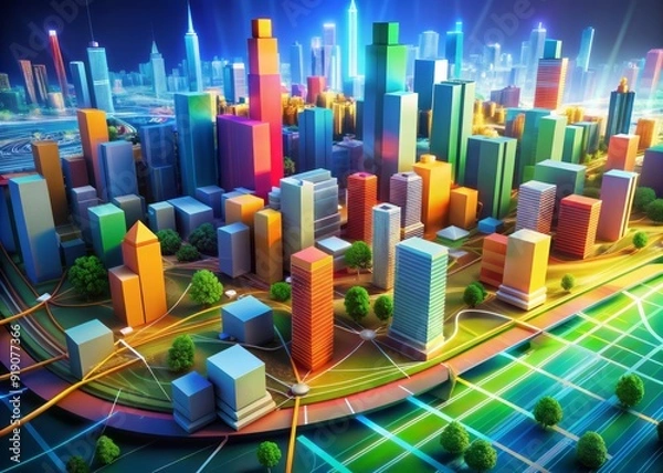 Fototapeta Colorful 3D cityscape with flowing lines and digital nodes, representing futuristic urban planning, infrastructure, and sustainable development strategies for a connected, eco-friendly metropolis.