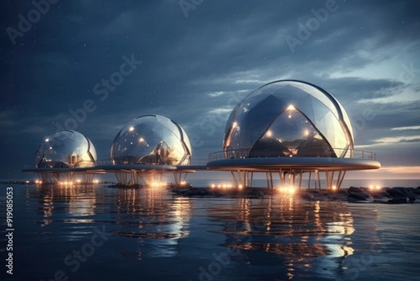 Fototapeta Celestial Observatory: Observatory with futuristic telescopes near water.
