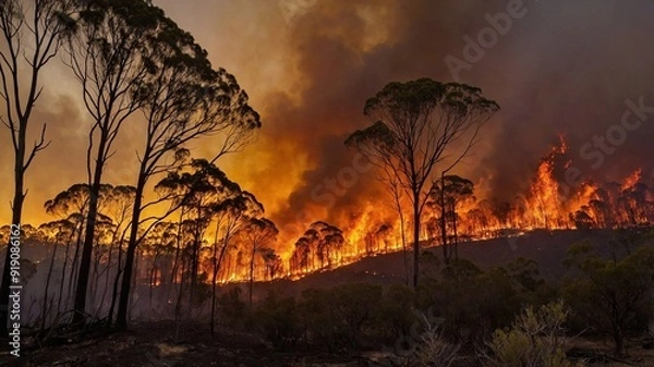 Fototapeta Sunset view of a severe bushfire raging through a forest.