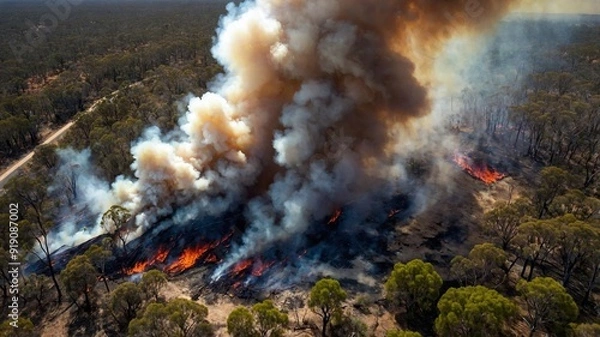 Fototapeta Aerial view of a devastating bushfire in a dense forest.