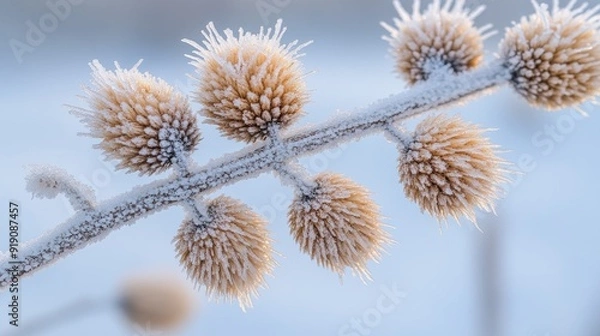 Fototapeta Frosty plant branch with icy details. A close-up view of a wintery plant branch covered in frost, perfect for illustrating the beauty of nature in cold weather.
