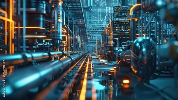 Fototapeta Futuristic Industrial Factory with Advanced Technology and Neon Lights in a High-Tech Manufacturing Environment