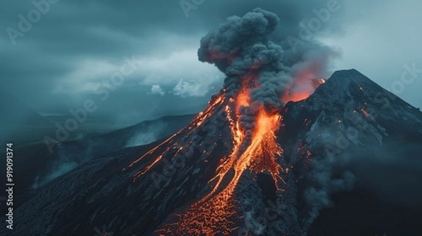 Fototapeta A massive volcanic eruption that sees lava flowing down the sides and smoke billowing into the sky.