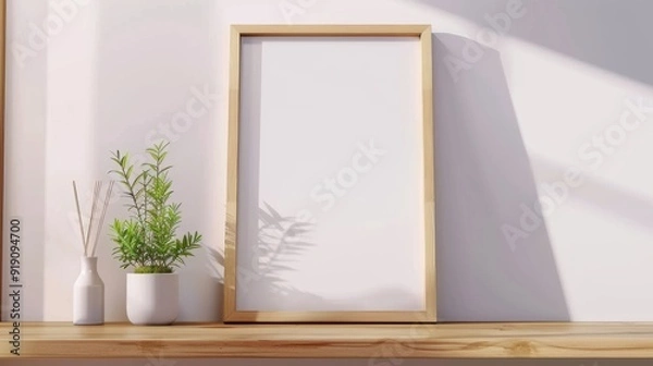 Fototapeta Minimalist blank white photo frame with a light wooden border, set on a wooden shelf. Decorated with a potted plant and a reed diffuser, creating a serene and modern composition with soft shadows