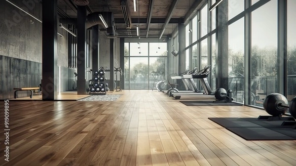 Fototapeta An empty modern fitness studio with wood floors, large windows, and a variety of exercise equipment
