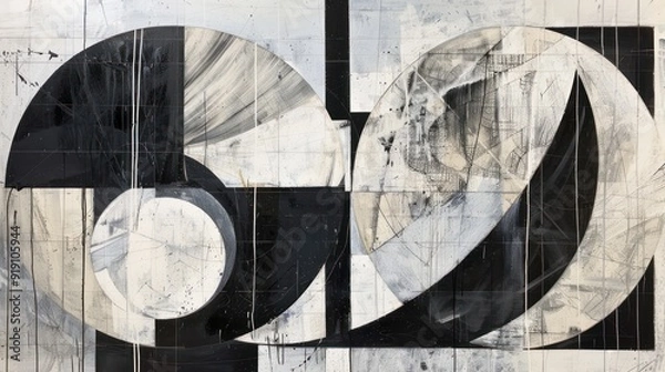 Fototapeta Abstract Art with Black and White Circles and Geometric Shapes