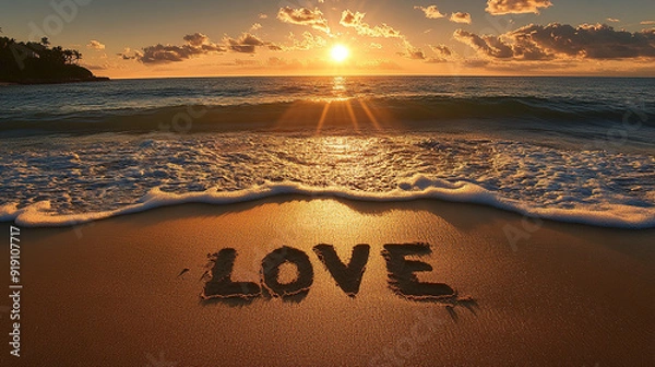 Fototapeta The word "LOVE" written in the sand on an empty beach at sunset