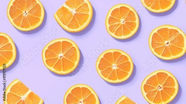 Fototapeta Orange slices scattered on a light purple pastel background, creating a playful fruit pattern.