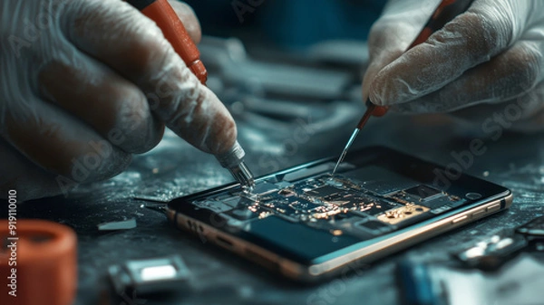 Obraz A technician's hands are repairing a smartphone