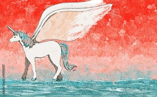 Obraz ユニコーン　ファンタジー　夕暮れ　水彩　背景
