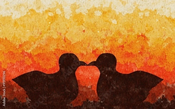 Obraz つがいの鳥と夕暮れ　シルエット　水彩　背景素材
